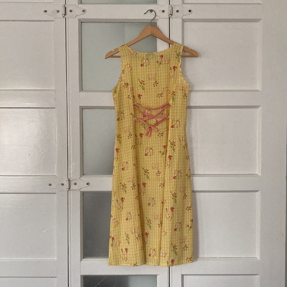 Yellow gingham sleeveless midi dress with tie back - Picture 2 of 4
